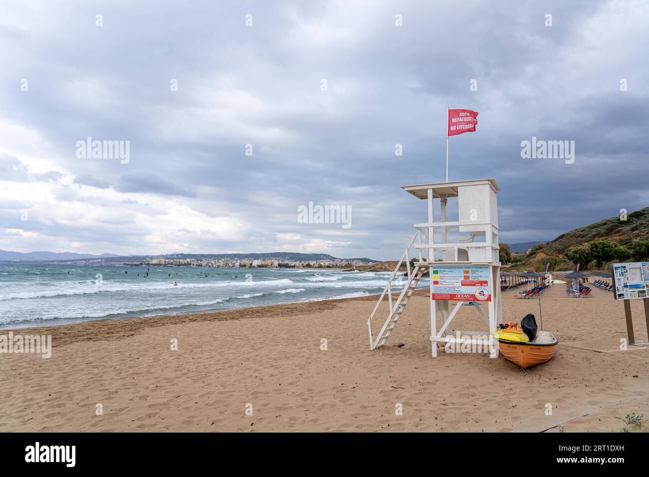 Crete, Greece, Septmeber 23, 2021: A lifeguard tower at the Golden Beach near Chania Town Stock Photo