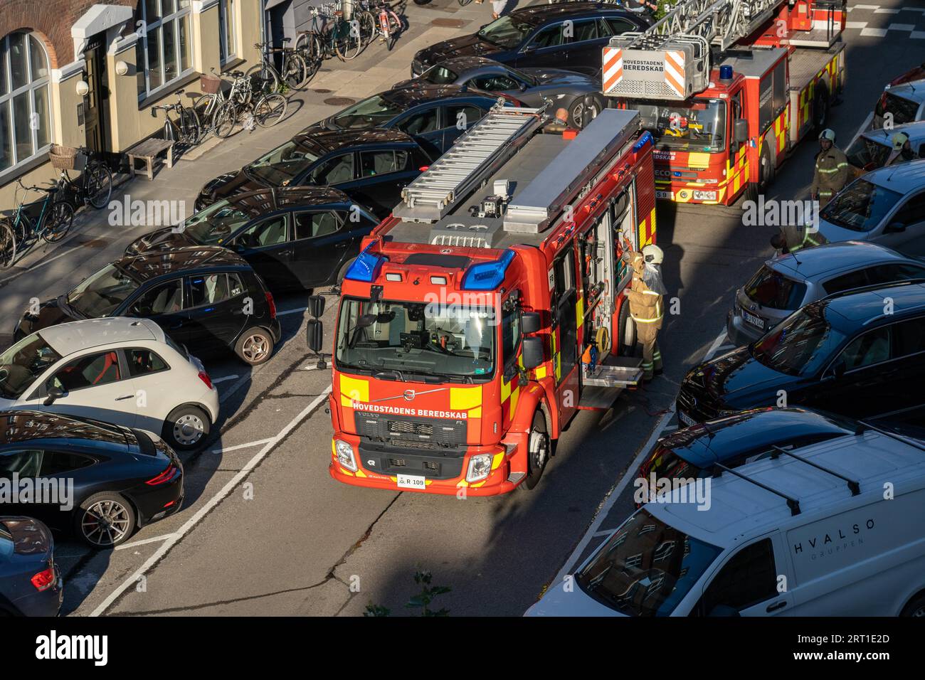 Copenhagen, Denmark, September 01, 2021: High angle view of fire trucks parked in a street Stock Photo