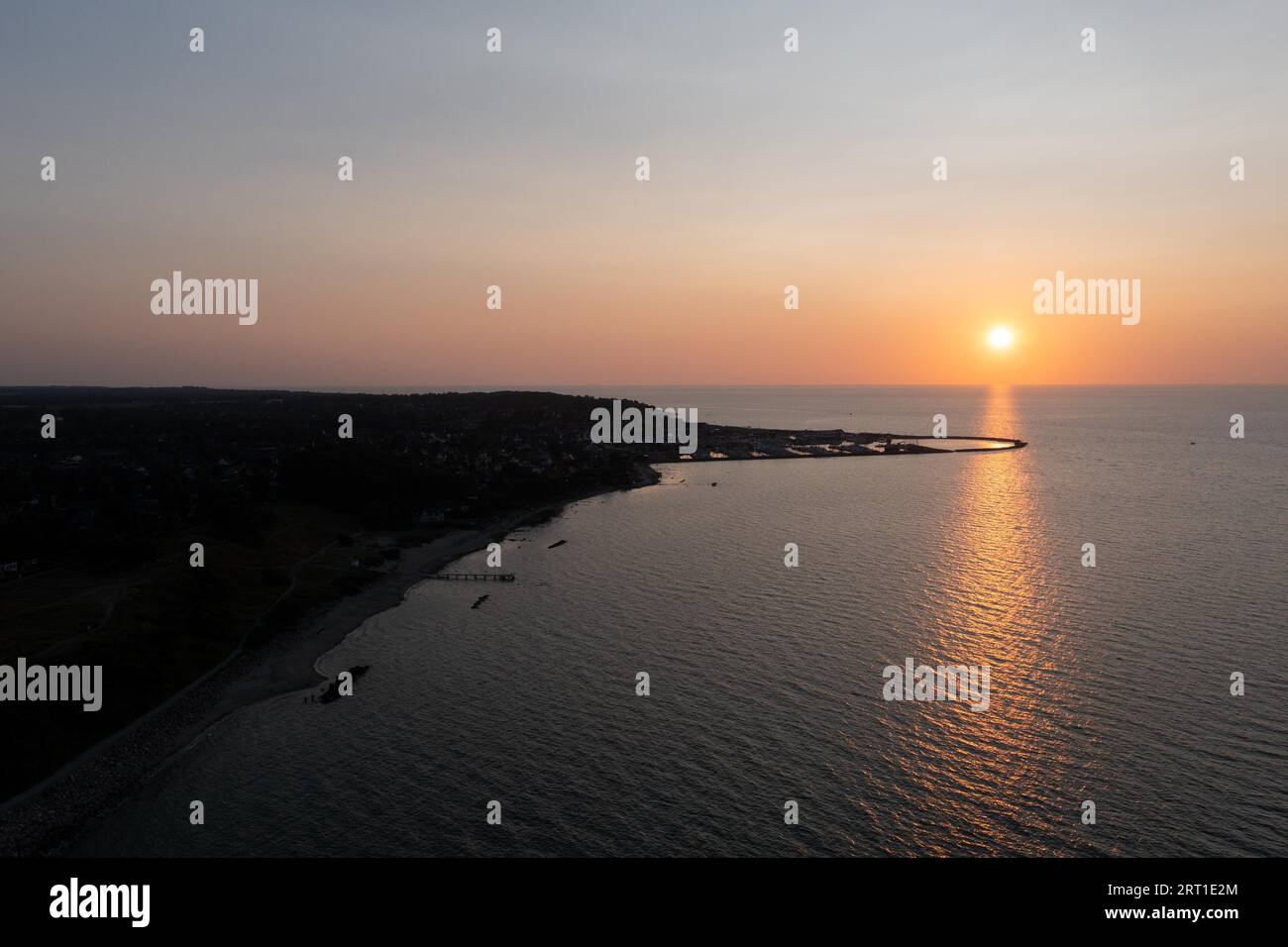 Gilleleje, Denmark, July 23, 2021: Aerial drone view of the silhouette of the local fishing harbour Stock Photo