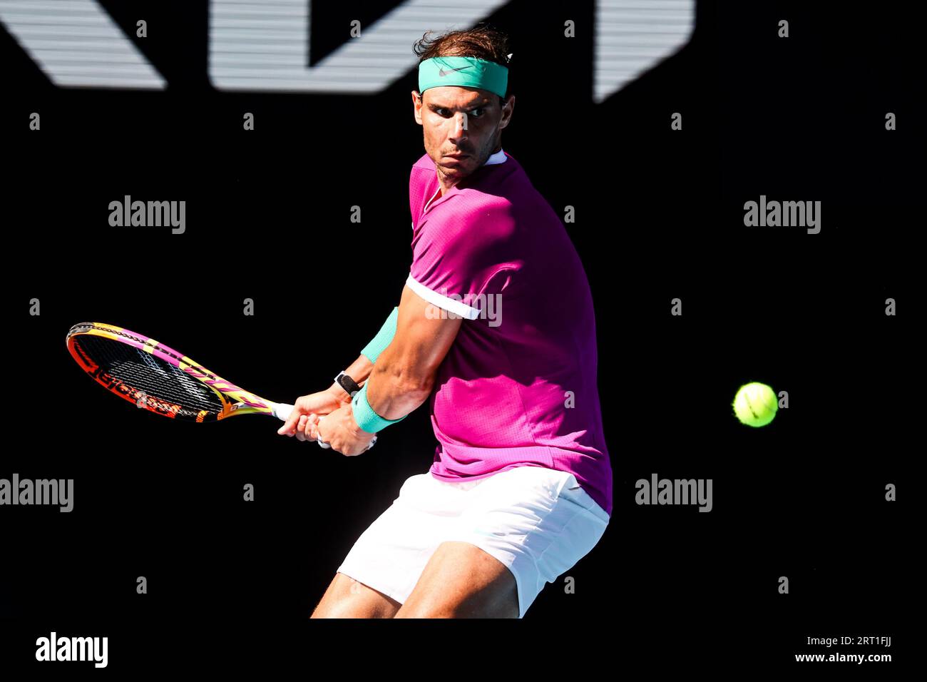 MELBOURNE, AUSTRALIA, JANUARY 23 Rafael Nadal of Spain in his match against Adrian Mannarino of France in the 2022 Australian Open at Melbourne Park Stock Photo