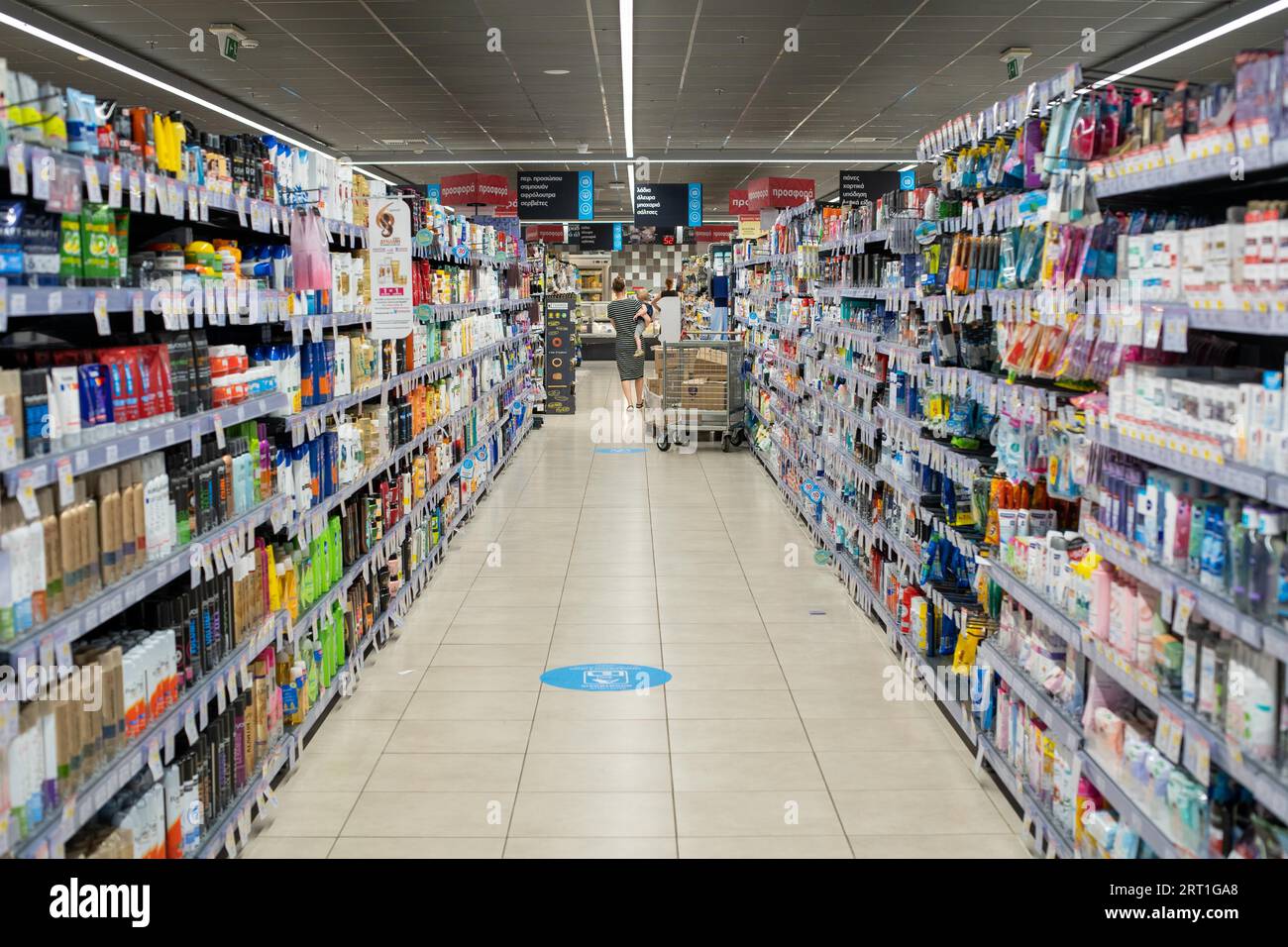 Crete, Greece, Septmeber 17, 2021: Shelfs with products in a local supermarket Stock Photo
