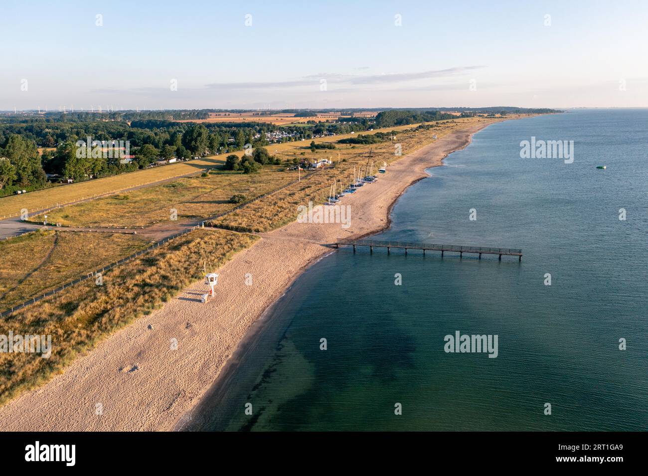 Dahme, Germany, July 31, 2021: Aerial drone view of Dahme Beach in Schleswig-Holstein Stock Photo