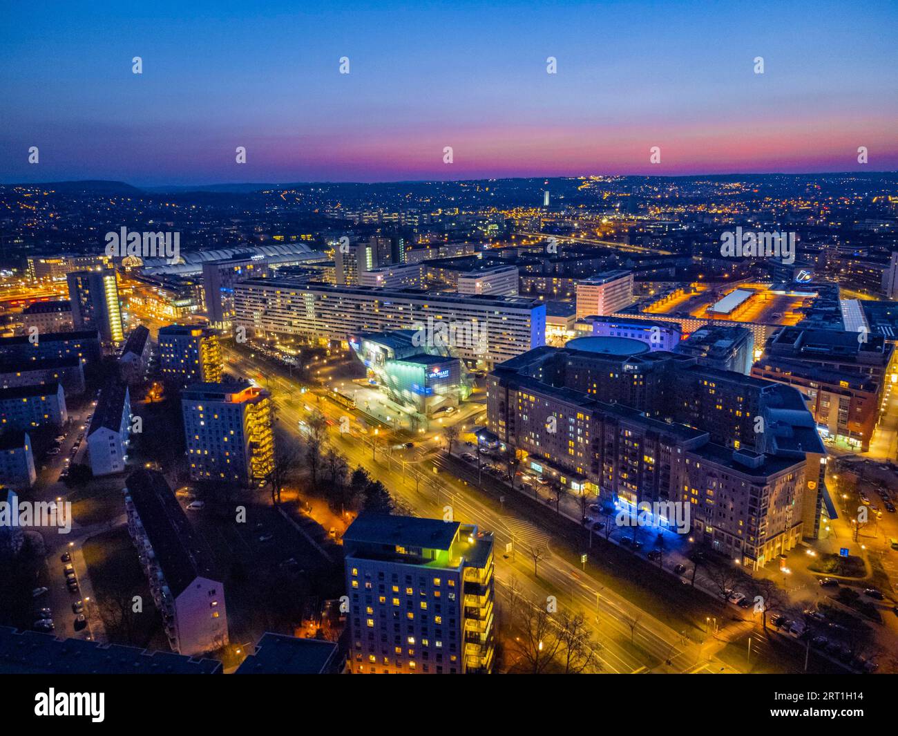 St. Petersburg Street with UFA Crystal Palace and UFA Round Cinema Stock Photo