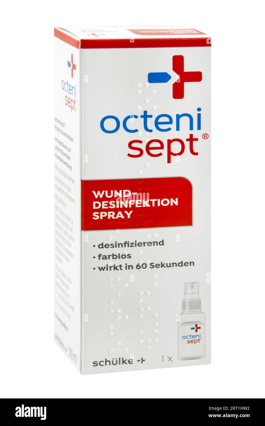 Octeni Sept Spray zur Desinfektion für die Haut von Schülke auf weissem Hintergrund Stock Photo