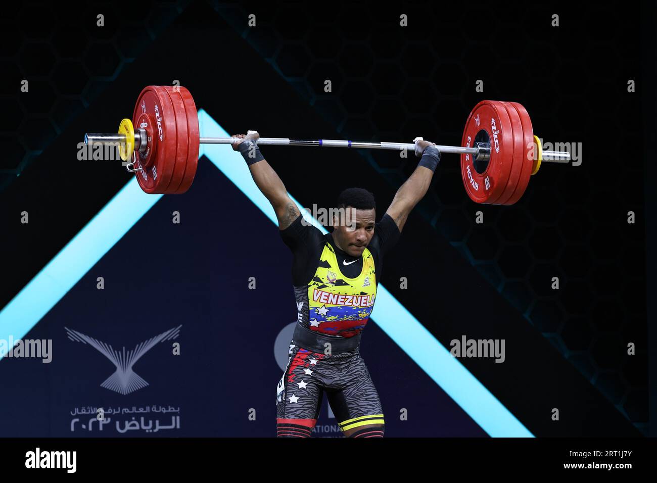 Riyadh, Saudi Arabia. 9th Sep, 2023. Julio Ruben Mayora Perna of Venezuela competes during the men's 73 kg event at the 2023 World Weightlifting Championships in Riyadh, Saudi Arabia, Sept. 9, 2023. Credit: Zeng Chen/Xinhua/Alamy Live News Stock Photo