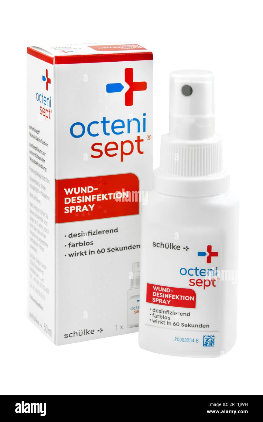 Octeni Sept Spray zur Desinfektion für die Haut von Schülke auf weissem Hintergrund Stock Photo