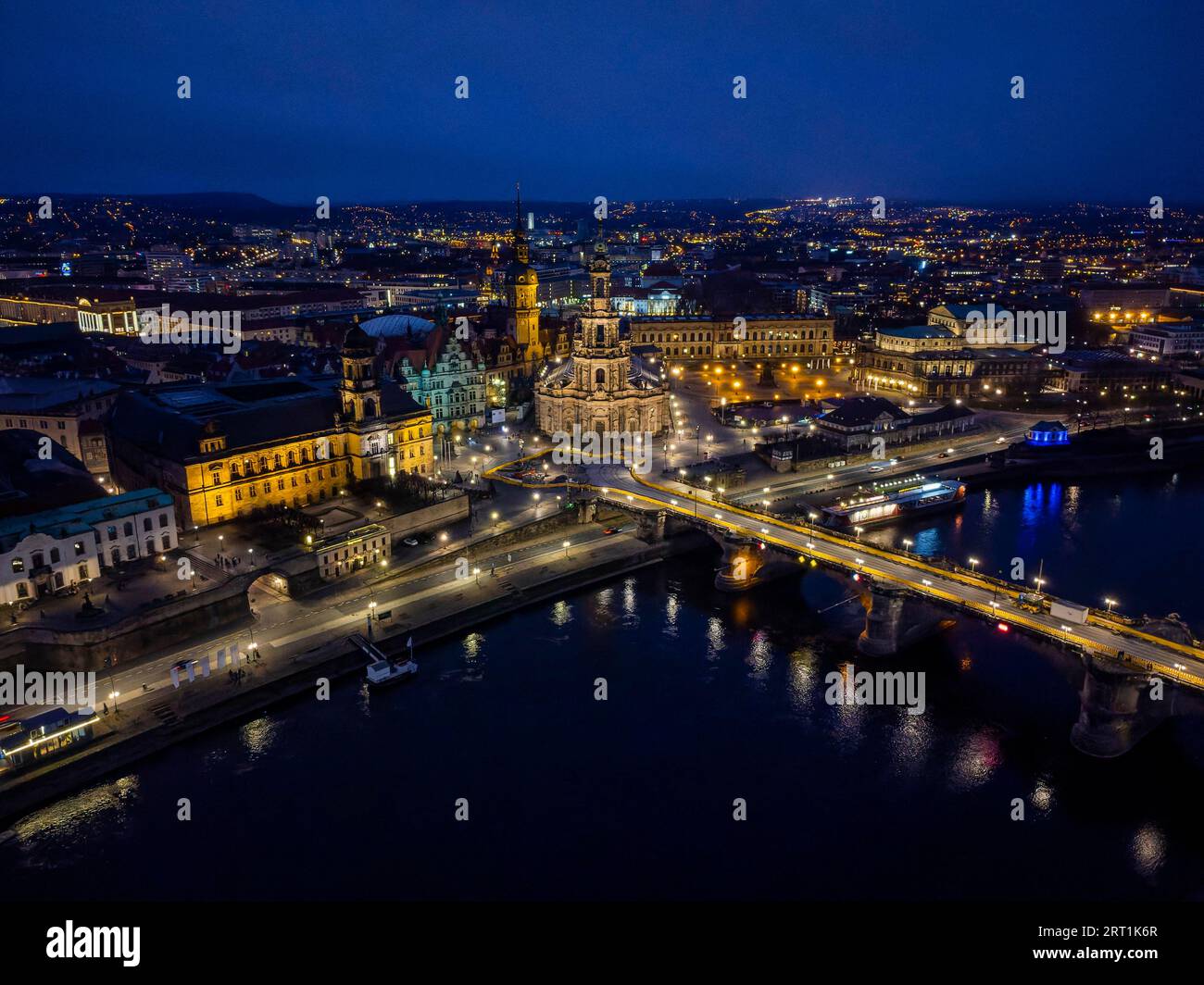 Terrace bank, Augustus Bridge, Court Church, George Gate, Residence Palace, Zwinger and Semper Opera House by night Stock Photo