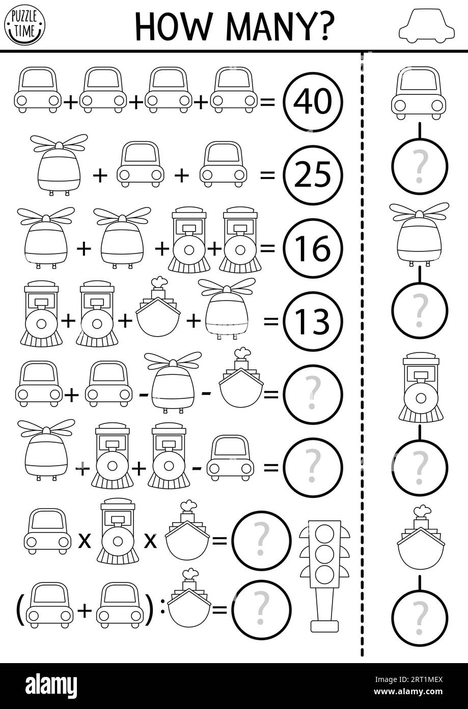 How many vehicles black and white game, equation or rebus. Air, water, land transportation line math activity. Printable counting worksheet, coloring Stock Vector