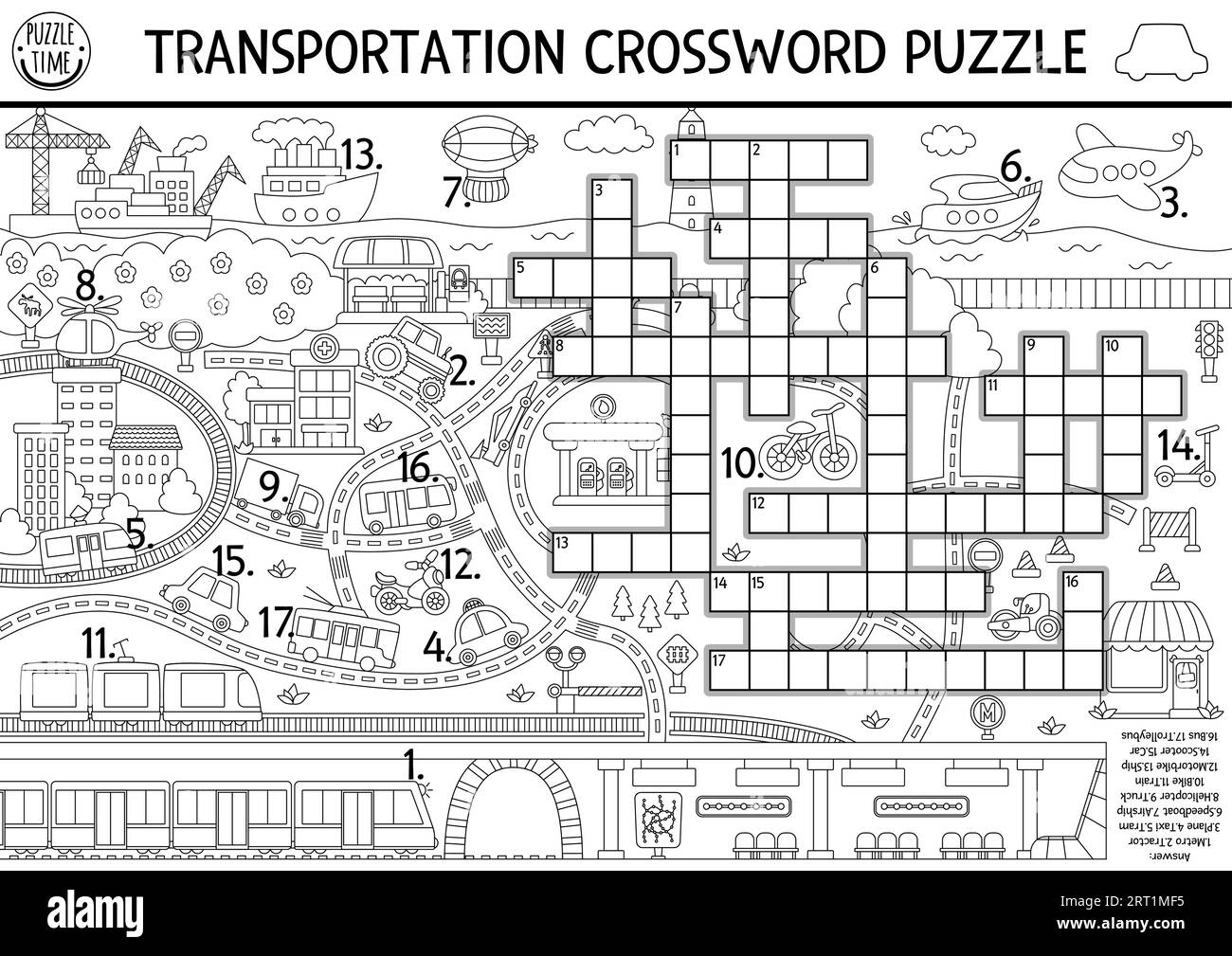 Vector transportation black and white crossword puzzle for kids Simple