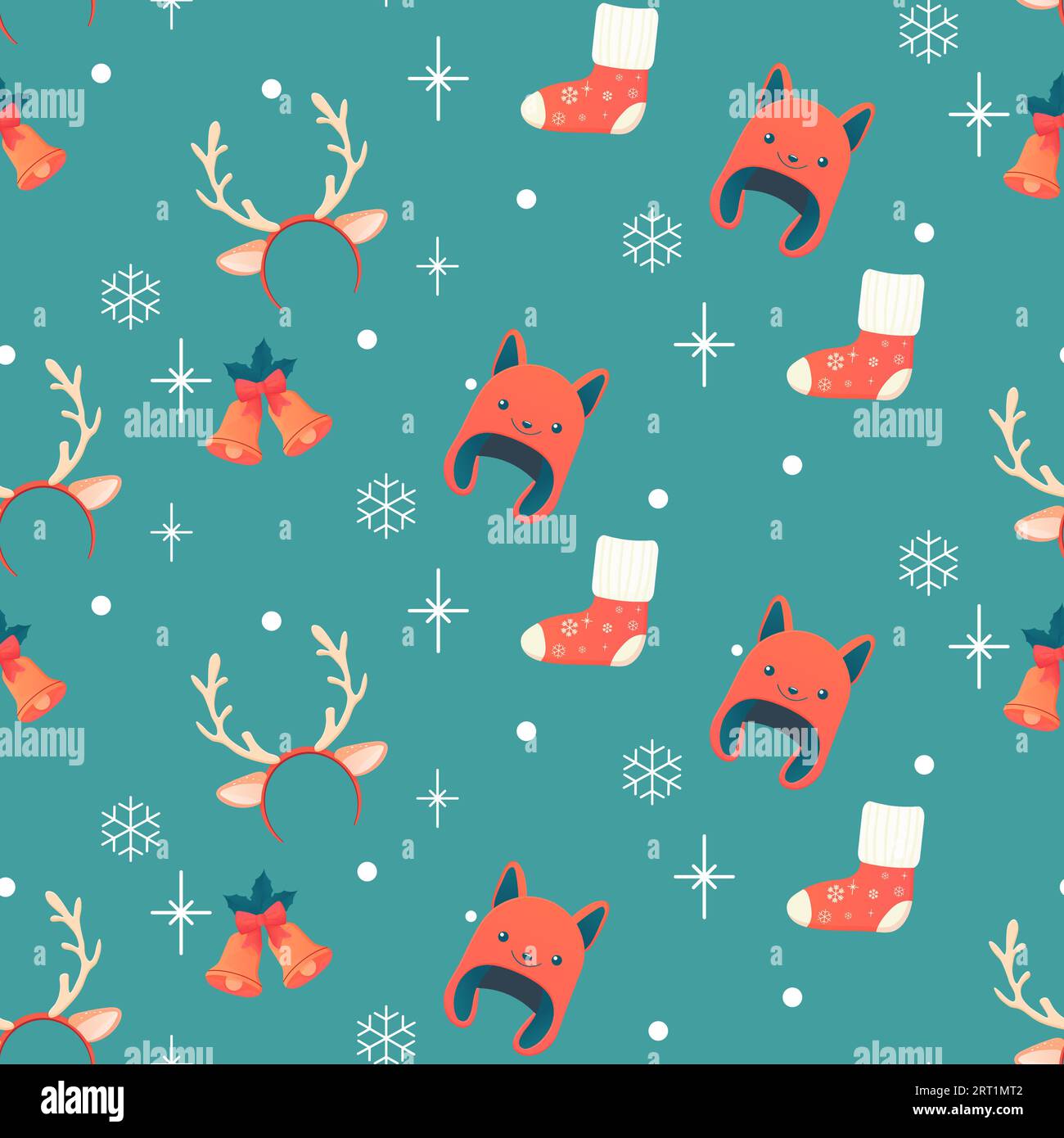 Seamless pattern, winter accessories, hat, socks, antlers, bells. Vector illustration Stock Vector