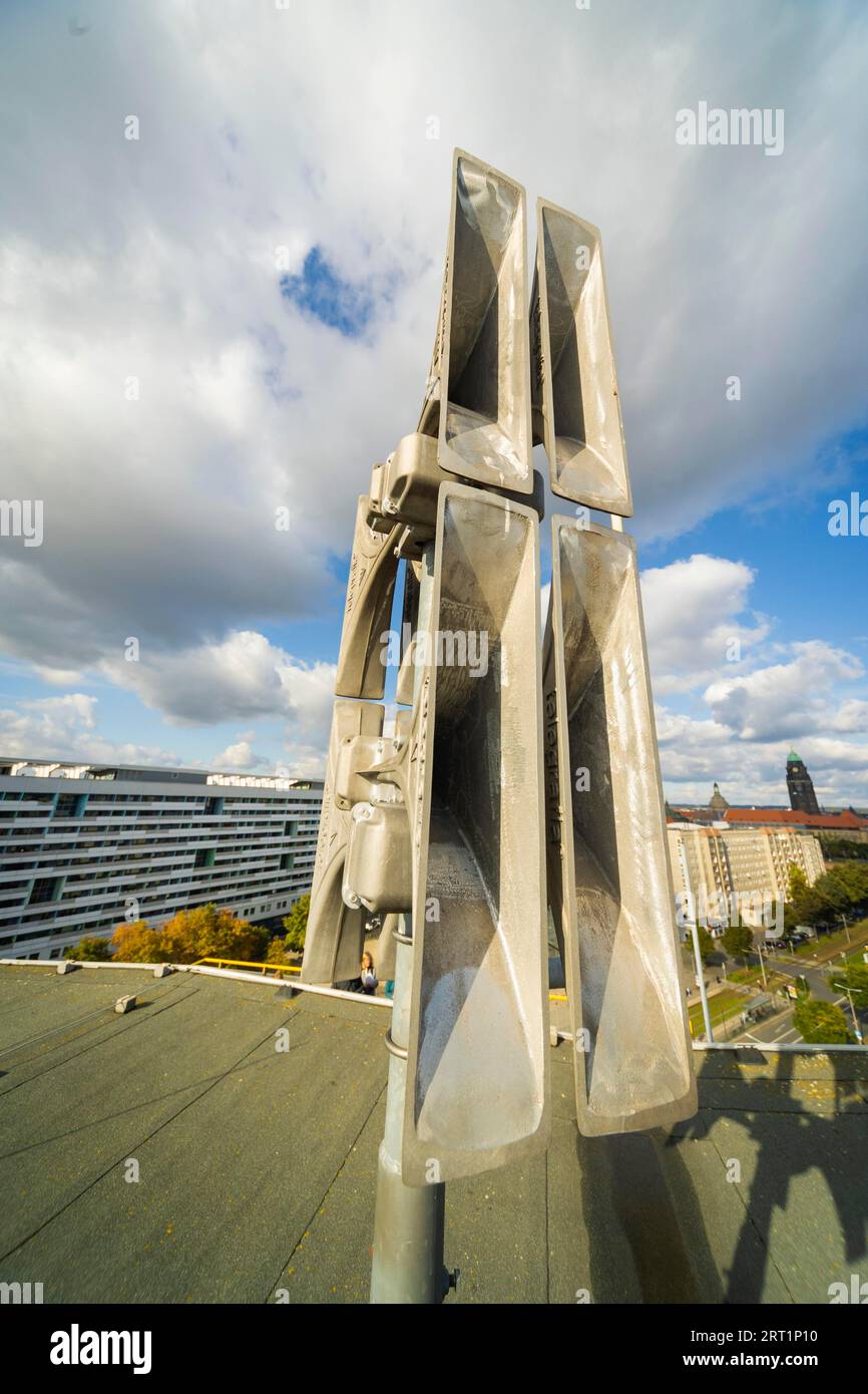 Siren system on a high-rise building in Dresden. It is used to warn the population quickly and effectively in exceptional dangerous situations and to Stock Photo
