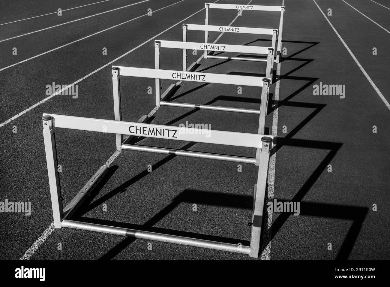 Sports facility in Chemnitz - hurdles on the running track Stock Photo