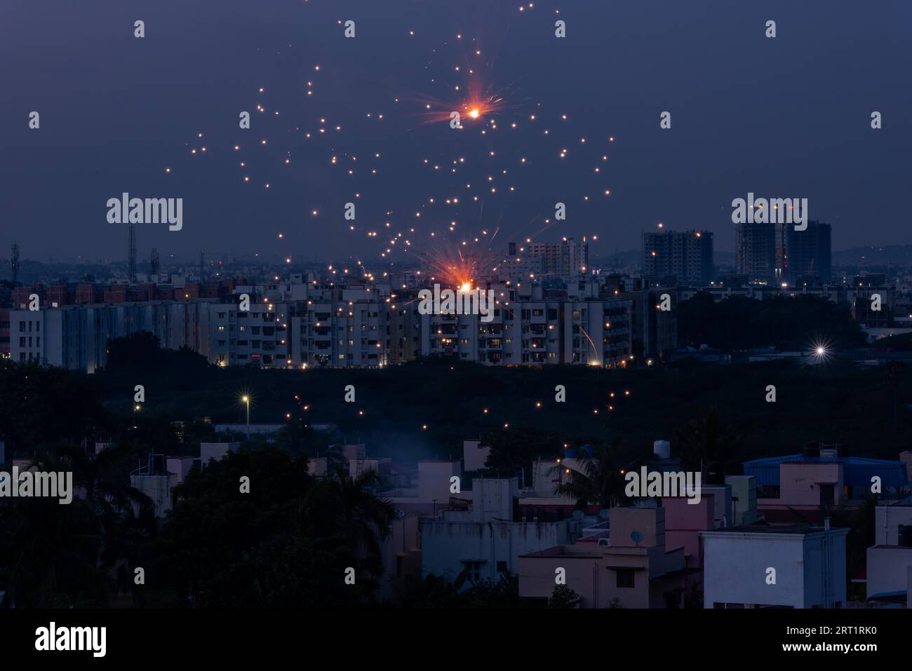 Bursting fireworks during the Divali festival of light over the city of