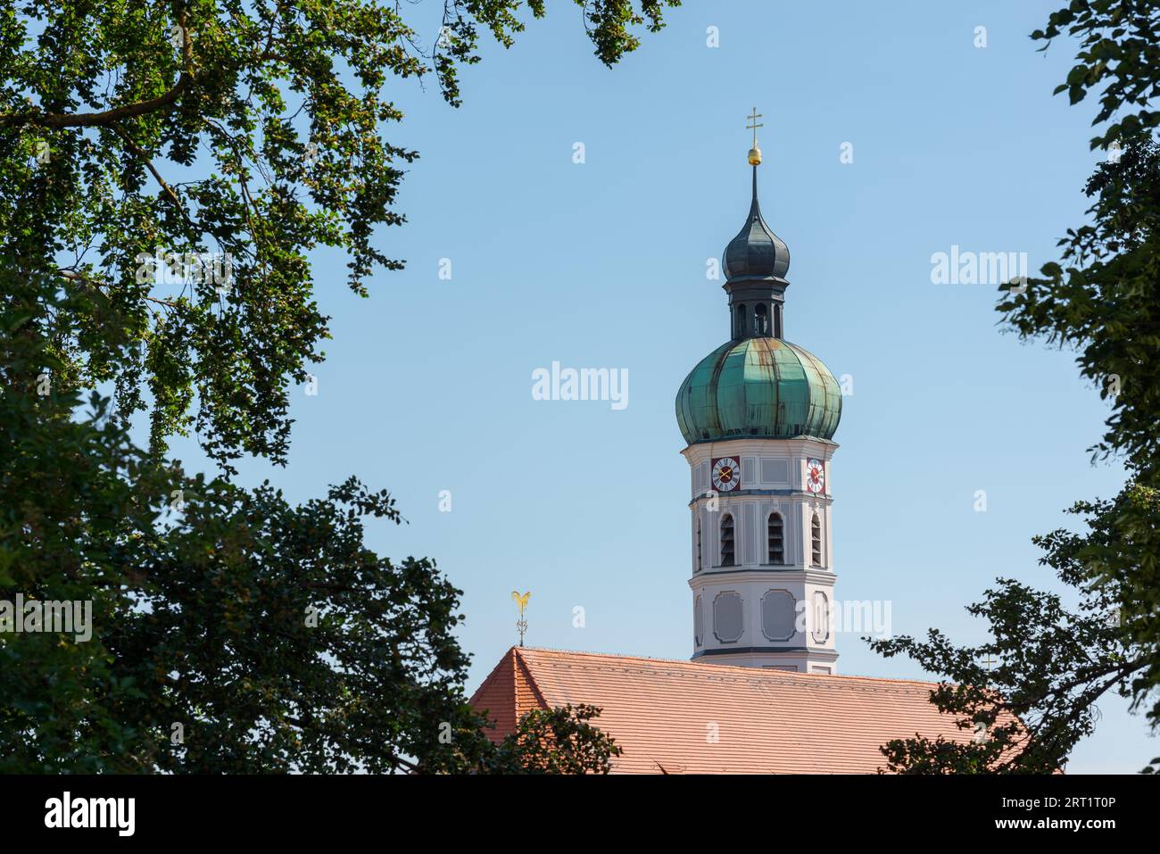 City of Dachau in Upper Bavaria, tower of St. Jacob's Church, blue sky in summer Stock Photo