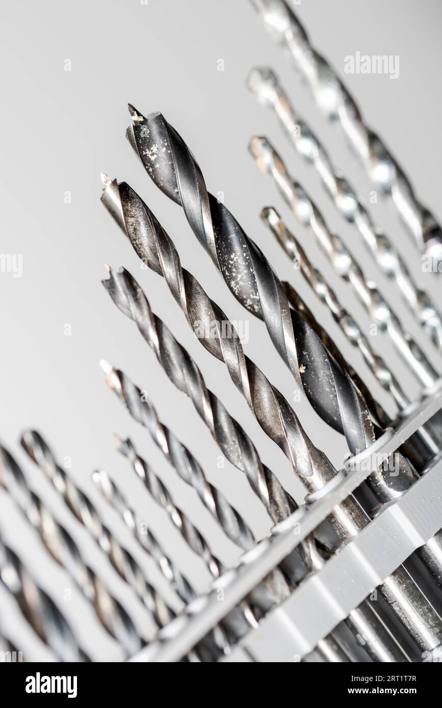 Detail of set of various drills in different sizes for wood, iron and