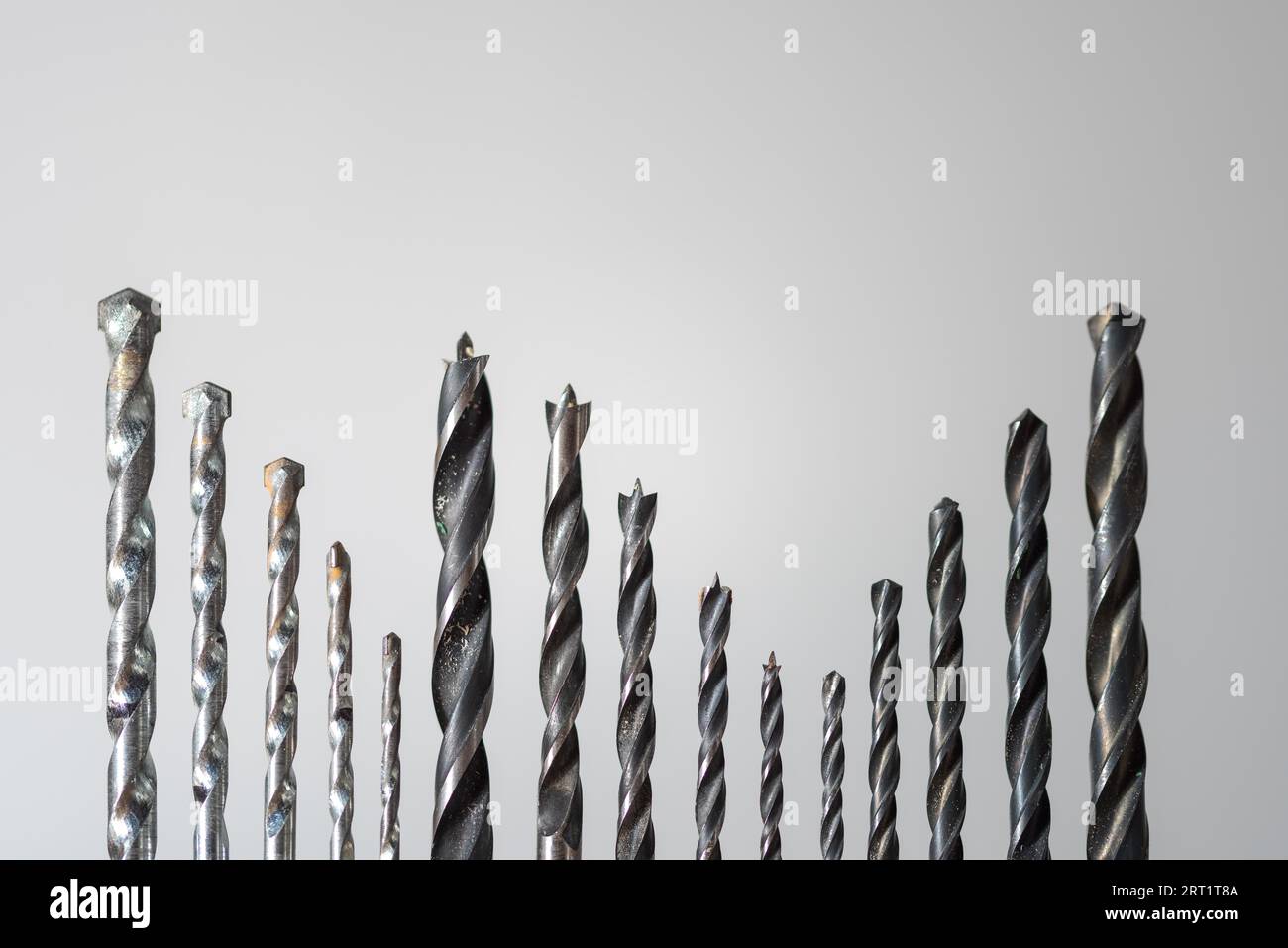 Detail of set of various drills in different sizes for wood, iron and