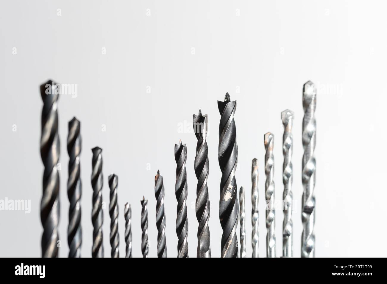 Detail of set of various drills in different sizes for wood, iron and