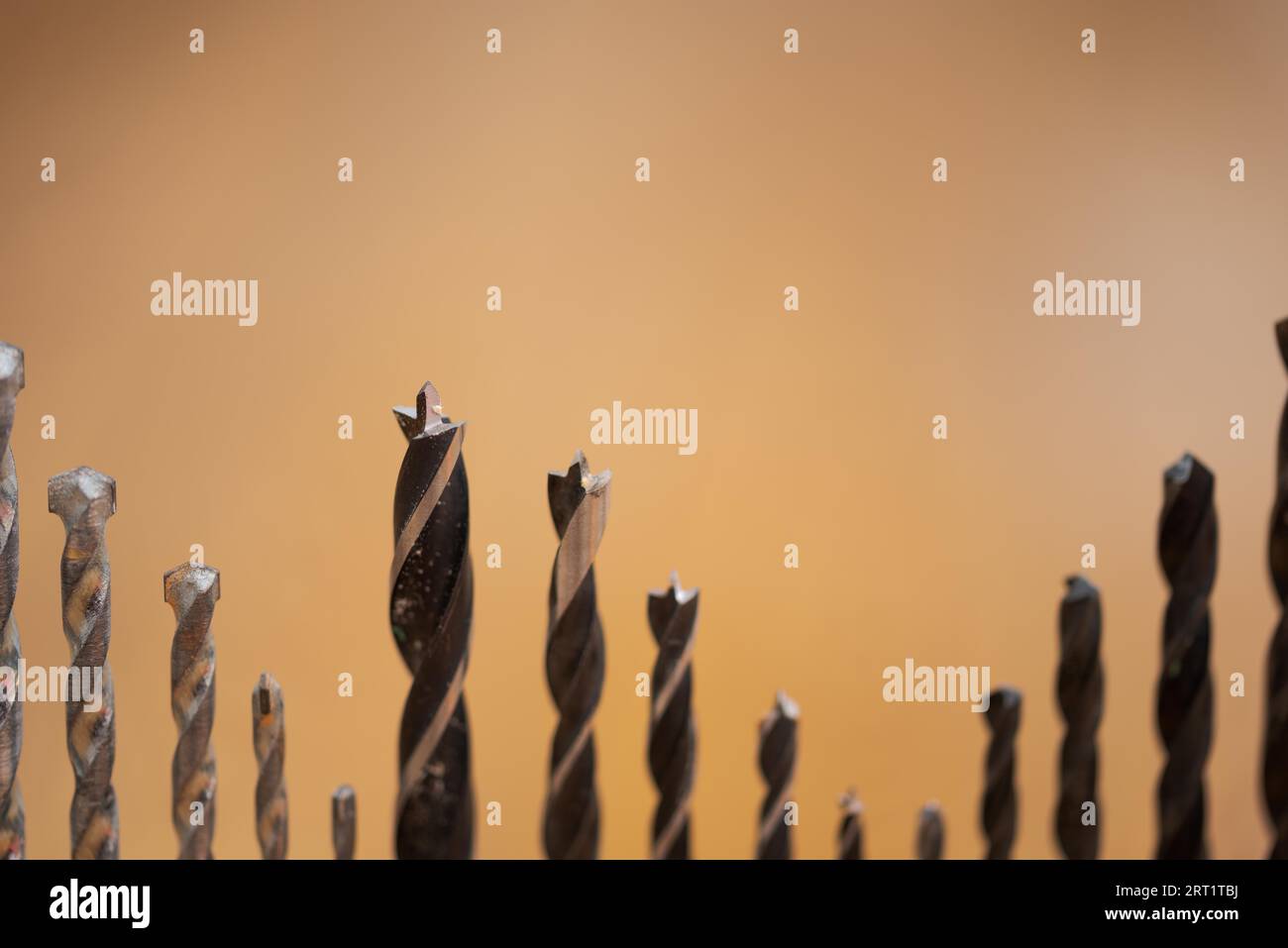 Detail of set of various drills in different sizes for wood, iron and