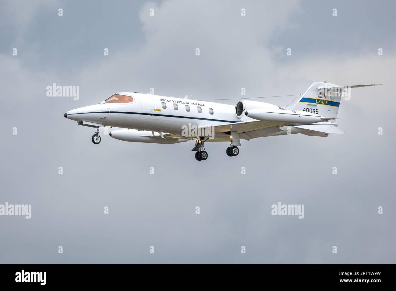 United States Air Force - Learjet 35 C-21A, arriving at RAF Fairford to take park in the Royal International Air Tattoo 2023. Stock Photo