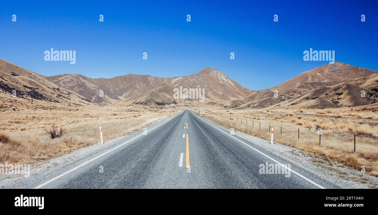 The iconic Lindis Pass on a sunny spring day in south island of New ...