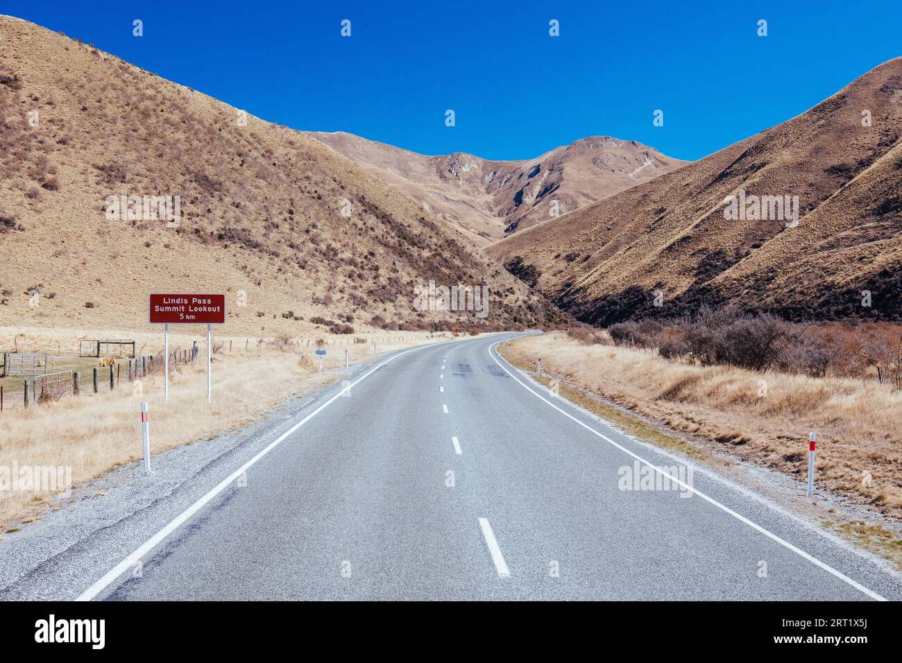 The iconic Lindis Pass on a sunny spring day in south island of New ...