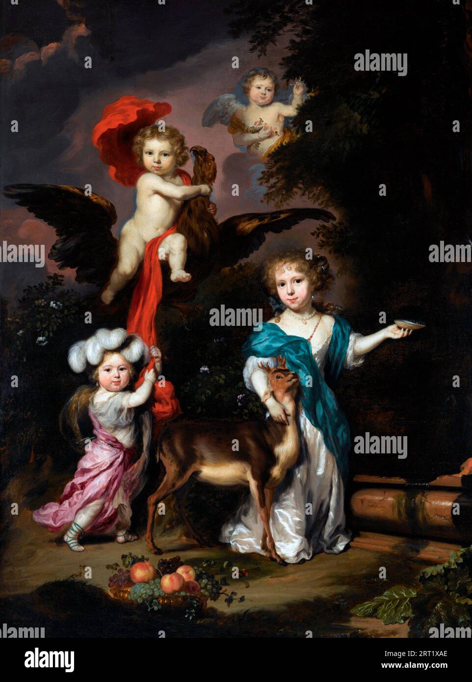 Portrait of Four Children as Ceres Ganymede Cherub and Diana - Nicolaes Maes, early 1670s Stock Photo