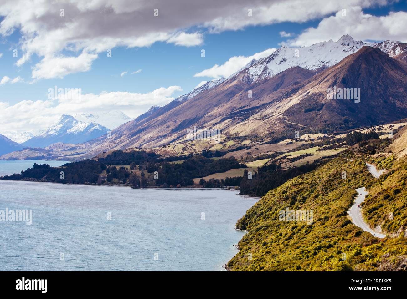 Lake Wakatipu and surrounding mountains from Bennetts Bluff Lookout, on a sunny spring day near Glenorchy in New Zealand Stock Photo