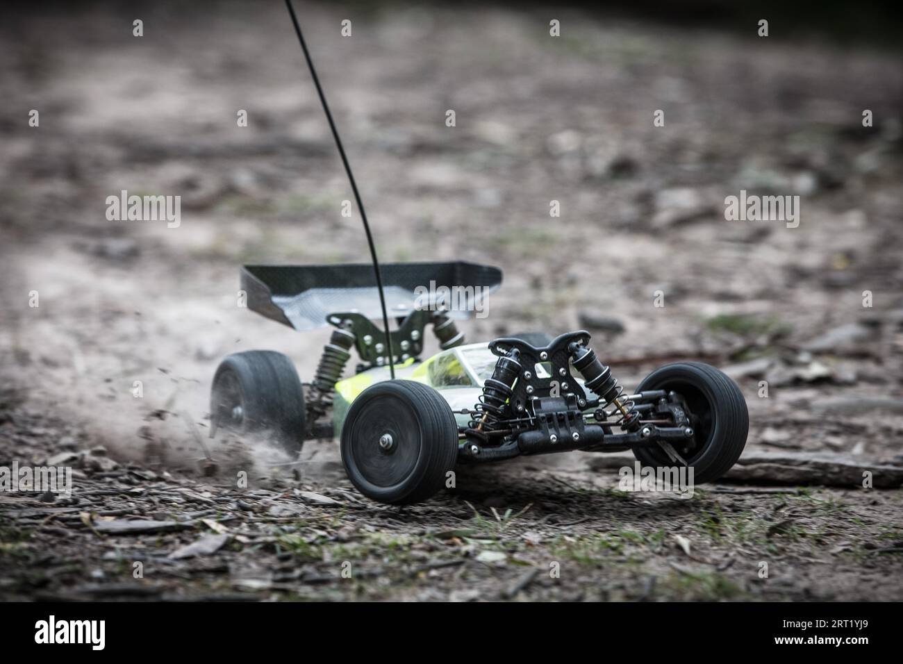 An offroad radio controlled car in action in rural bushland in Victoria, Australia Stock Photo
