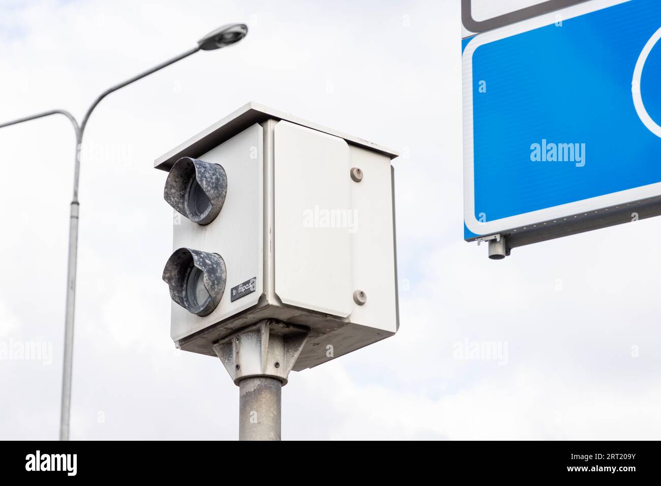Traffic enforcement camera housing mounted on a pole in Ala-Tikkurilantie. Stock Photo