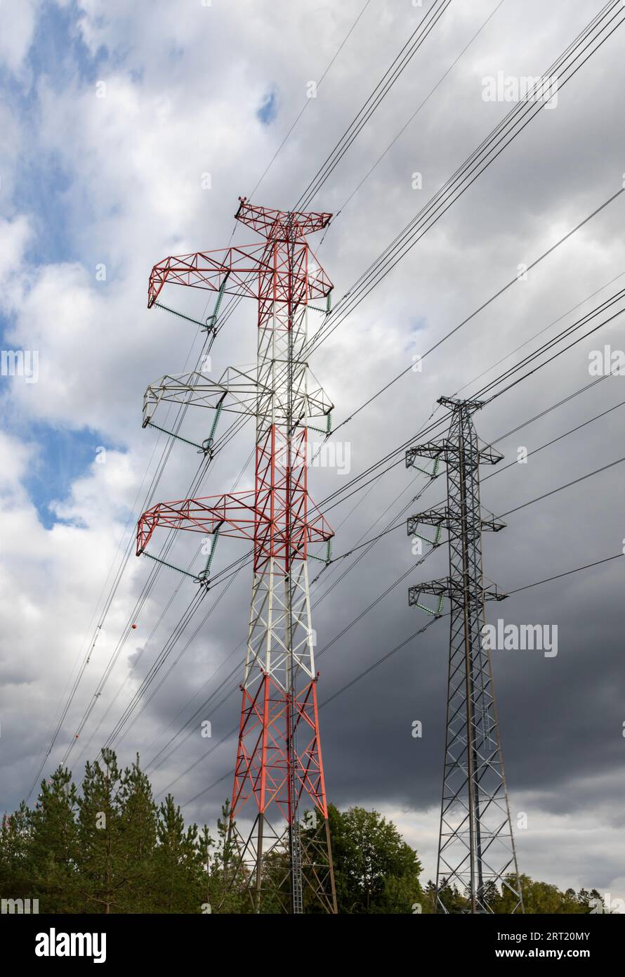 Overhead power lines on a cloudy day in Suutarila Stock Photo - Alamy