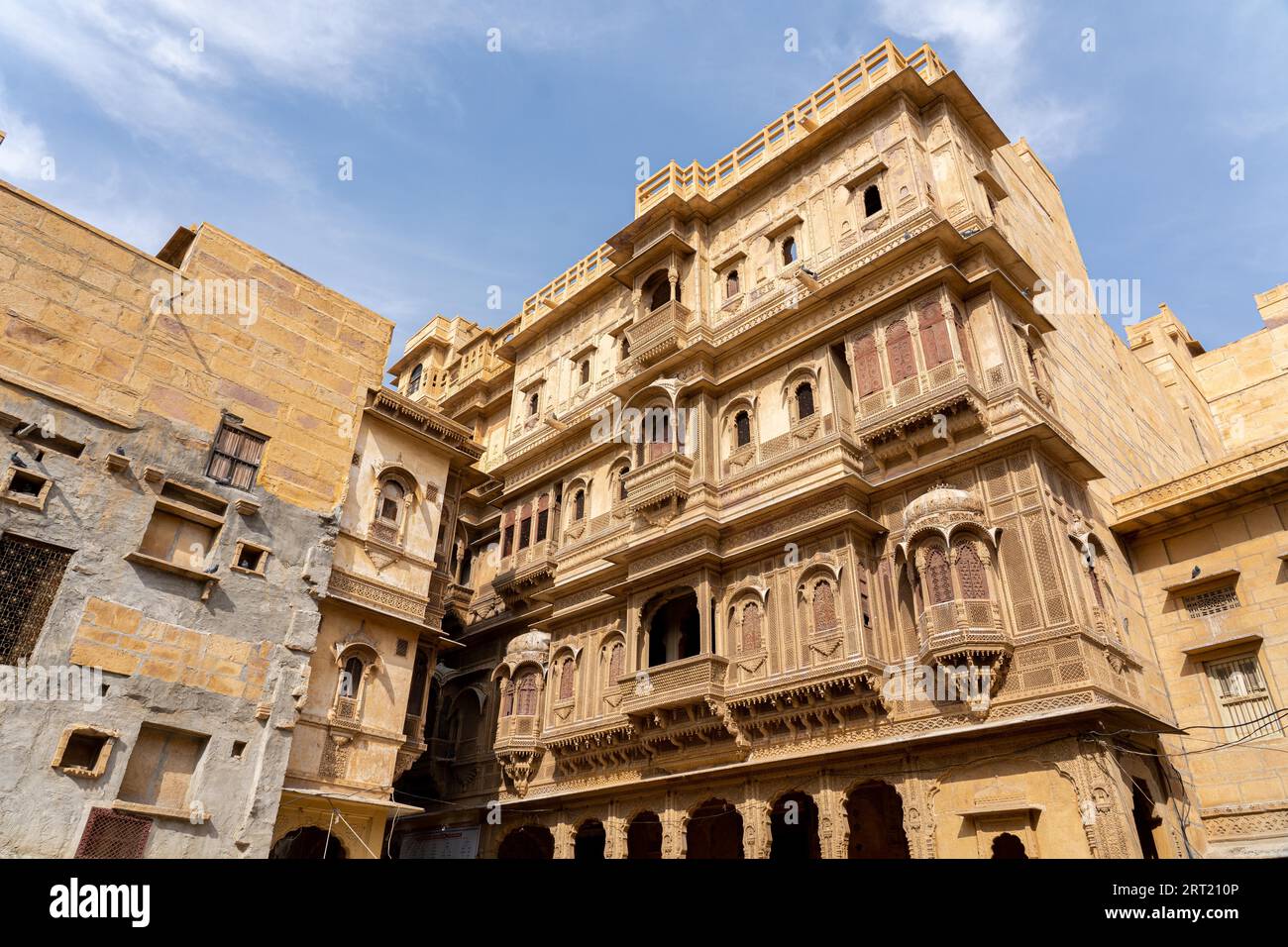 Jaisalmer, India, December 6, 2019: Facade of the beautiful Patwon Ki Haveli in the historic city centre Stock Photo