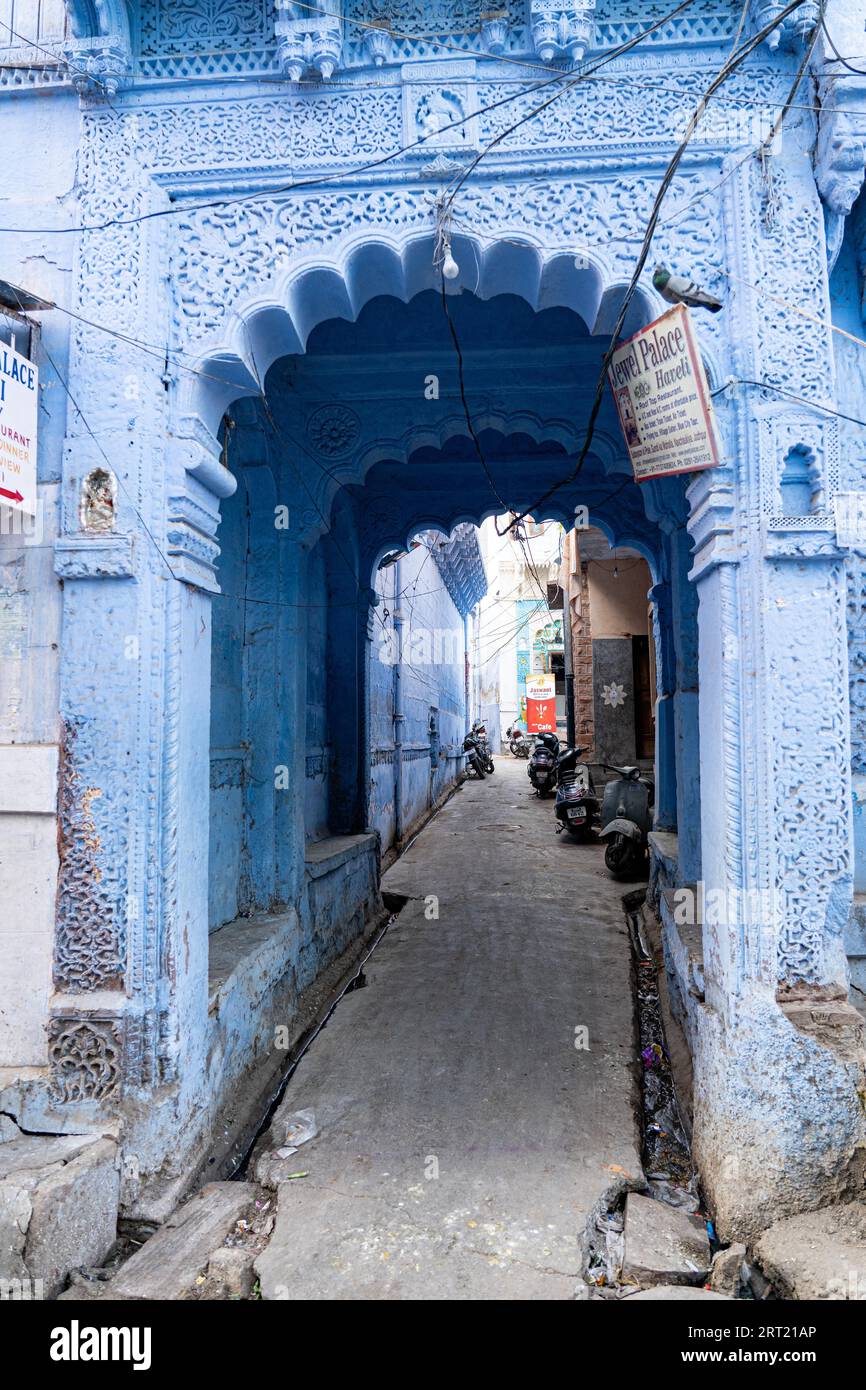 Jodhpur, India, December 9, 2019: An old door to a traditional blue house Stock Photo
