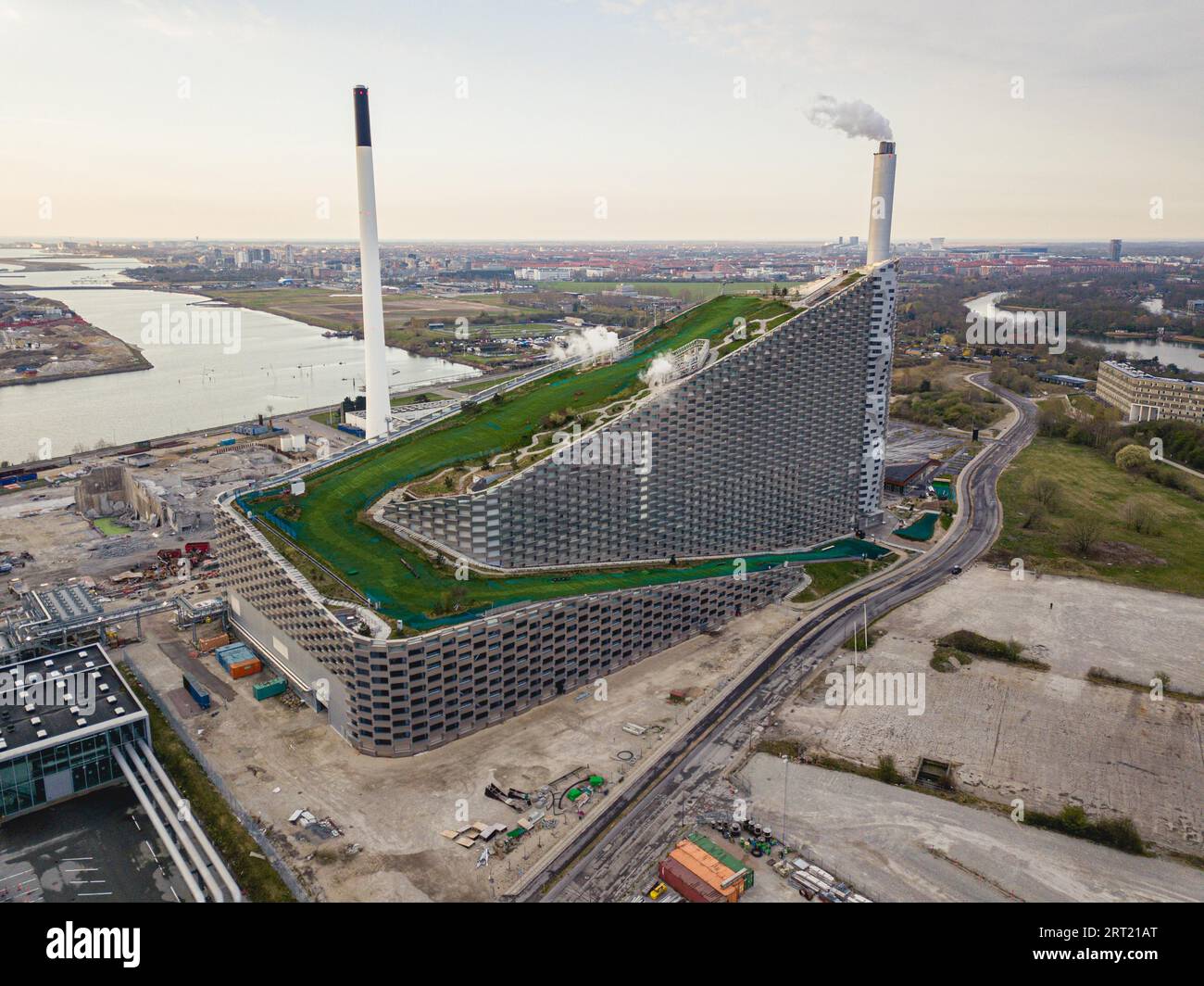 Copenhagen, Denmark, April 12, 2020: Aerial drone view of Amager Bakke, a waste to power plant with a ski slope on top Stock Photo