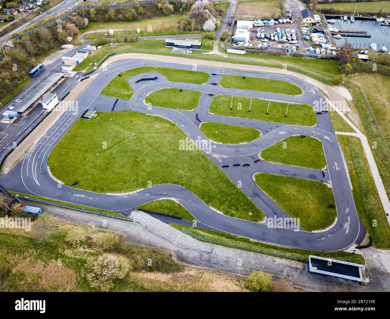 Copenhagen, Denmark, April 12, 2020: Aerial drone view of a go kart race track Stock Photo