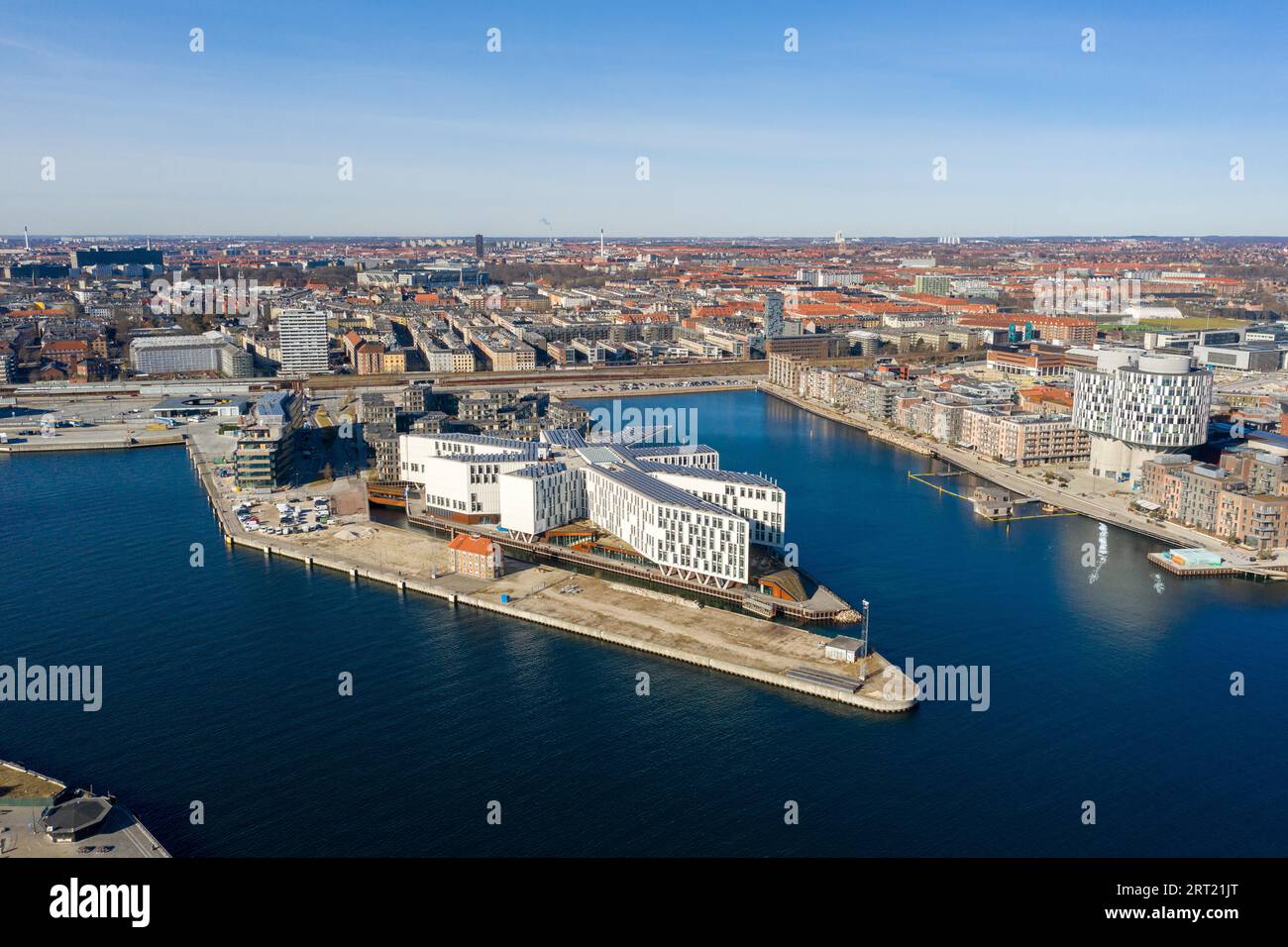 Copenhagen, Denmark, March 09, 2021: Aerial drone view of the UN City builing Stock Photo