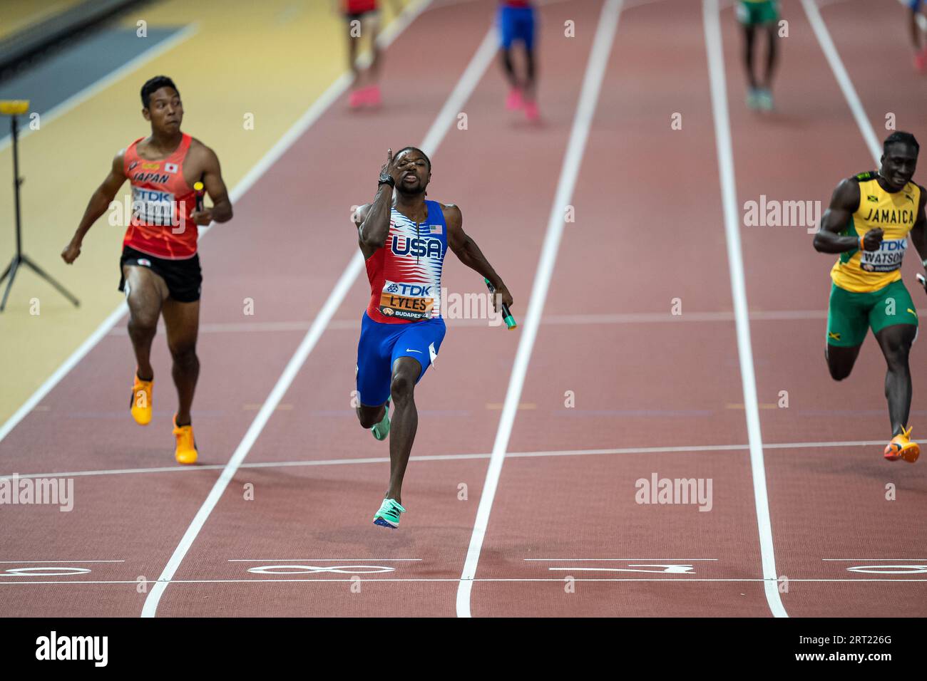 Noah Lyles winning in the 4x100 meters relay meters at the World