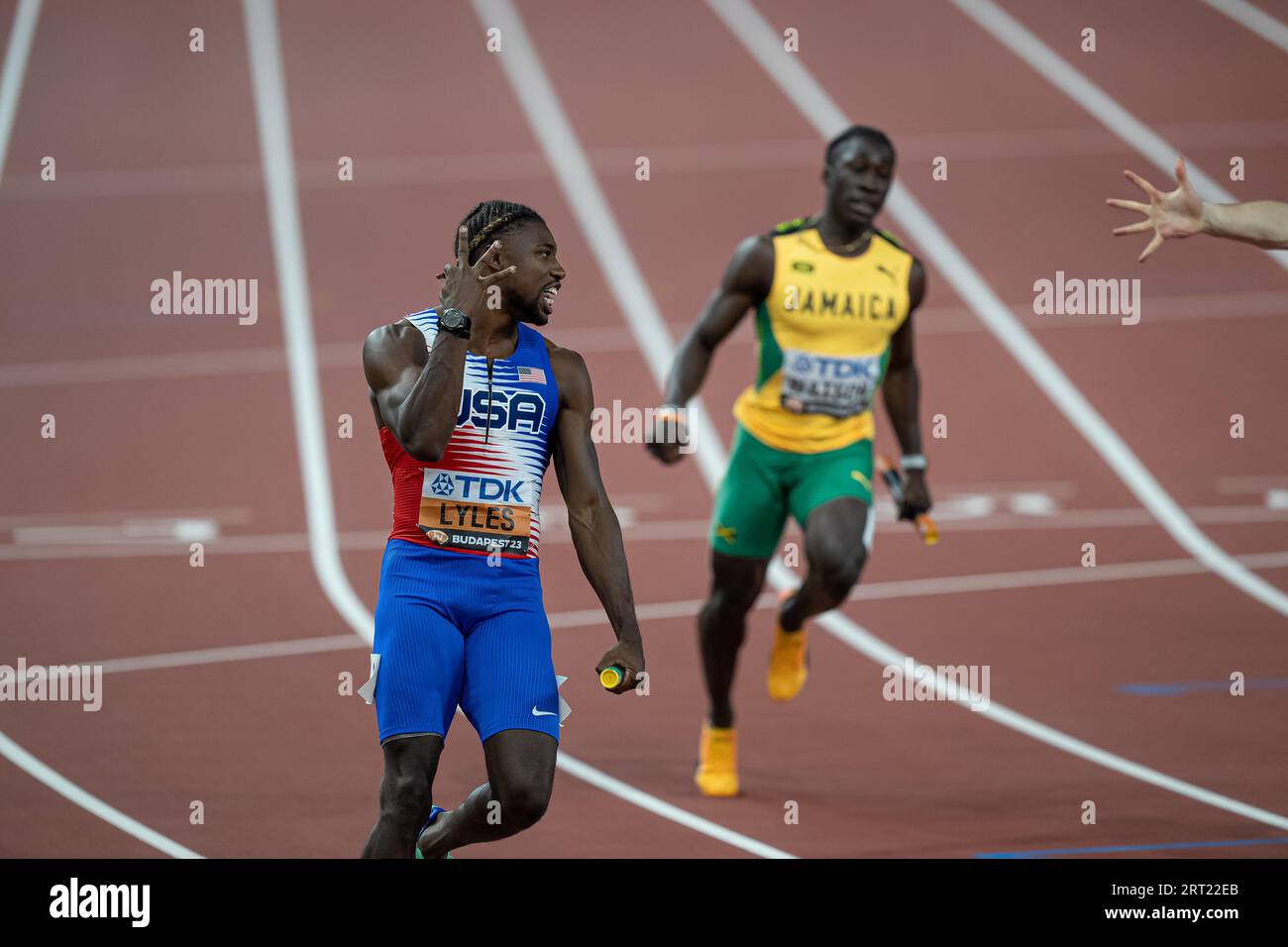 Noah Lyles winning in the 4x100 meters relay meters at the World