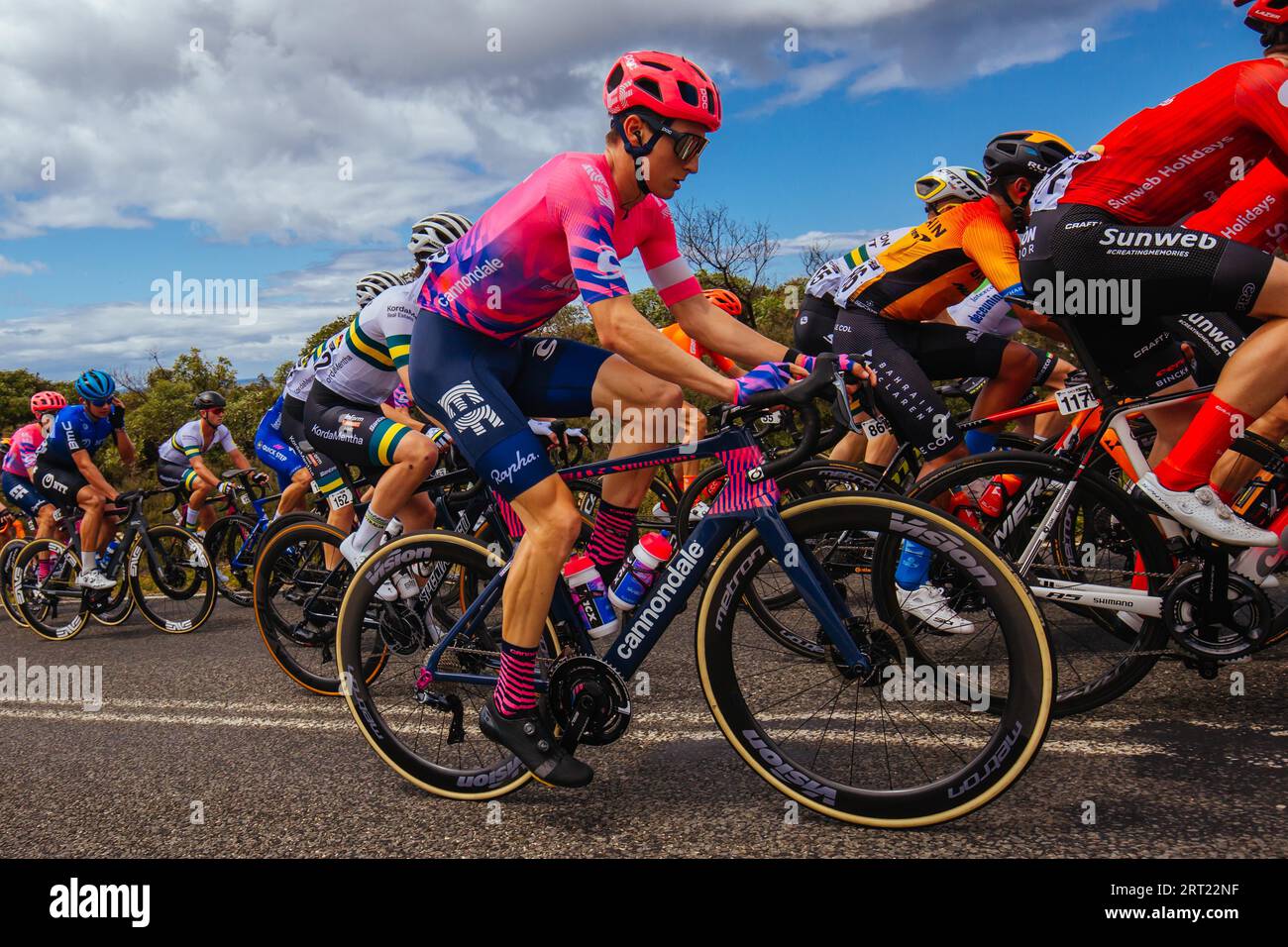 GEELONG, AUSTRALIA, FEBRUARY 2, 2020: Neilson Powless (USA) of EF Pro Cycling passes Bells Beach during the 2020 Cadel Evans Great Ocean Road Race Stock Photo