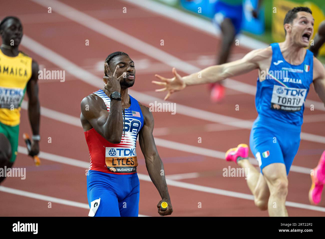 Noah Lyles winning in the 4x100 meters relay meters at the World