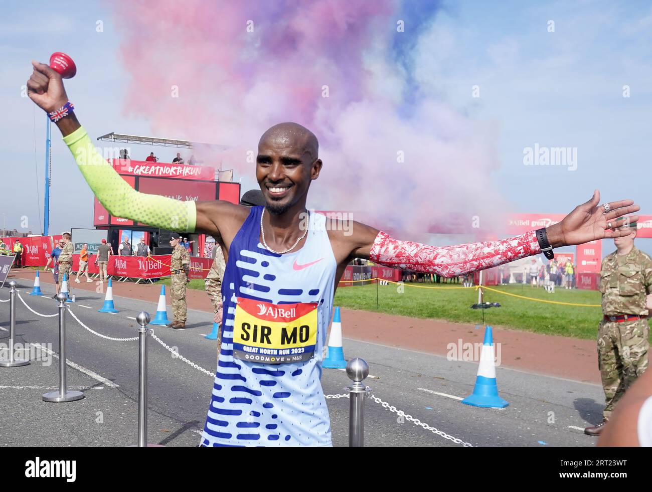 Sir Mo Farah reacts after completing the Men's Elite Race of the AJ Bell Great North Run 2023 through Newcastle upon Tyne, Gateshead and South Shields. Picture date: Sunday September 10, 2023. Stock Photo