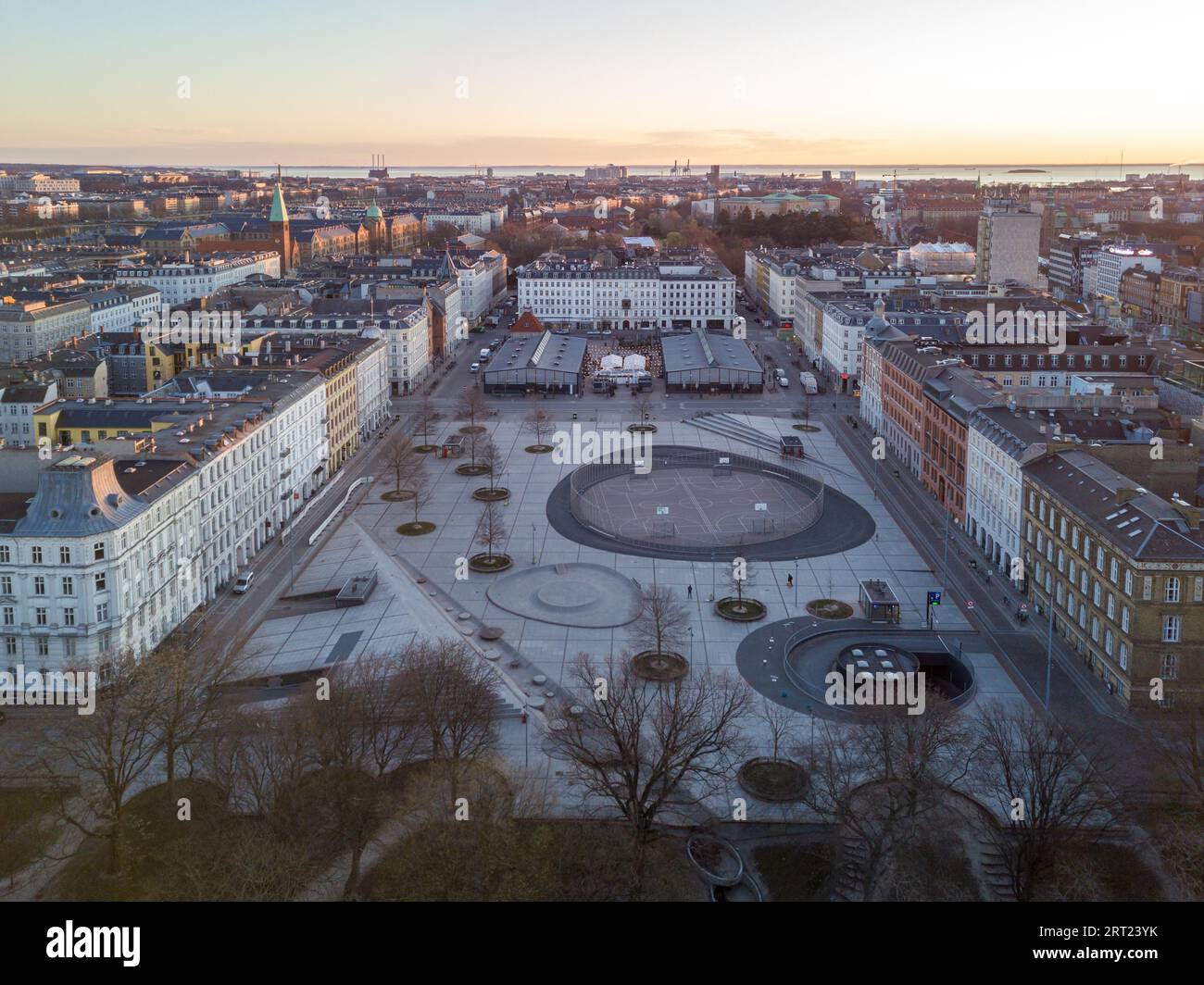 Copenhagen, Denmark, March 31, 2020: Aerial drone view Israels Plads and the market halls Stock Photo