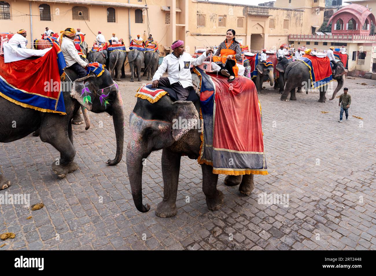 Jaipur, India, December 12, 2019: A tourist beeing carried up to Amber Fort by a decorated elephant Stock Photo