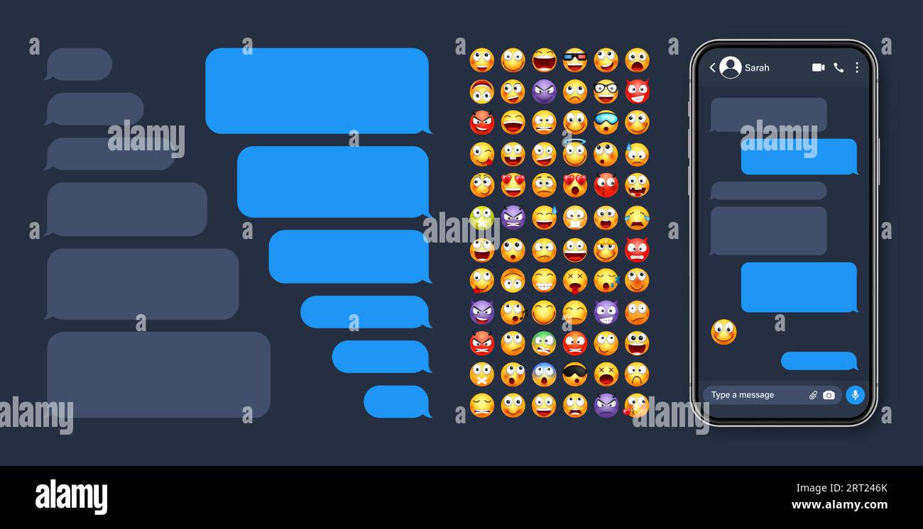 Smartphone messaging app, user interface with emoji. SMS text frame ...