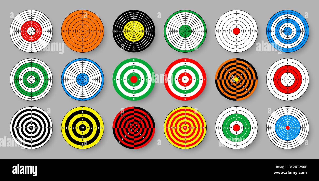 Shooting range paper targets. Round target with divisions, marks and numbers. Archery, gun shooting practise and training, sport competition and Stock Vector