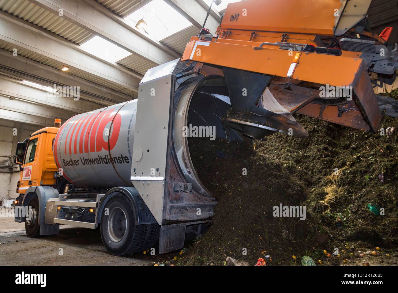 A disposal vehicle from the company Becker Umwelttechnik, delivers the contents of organic waste