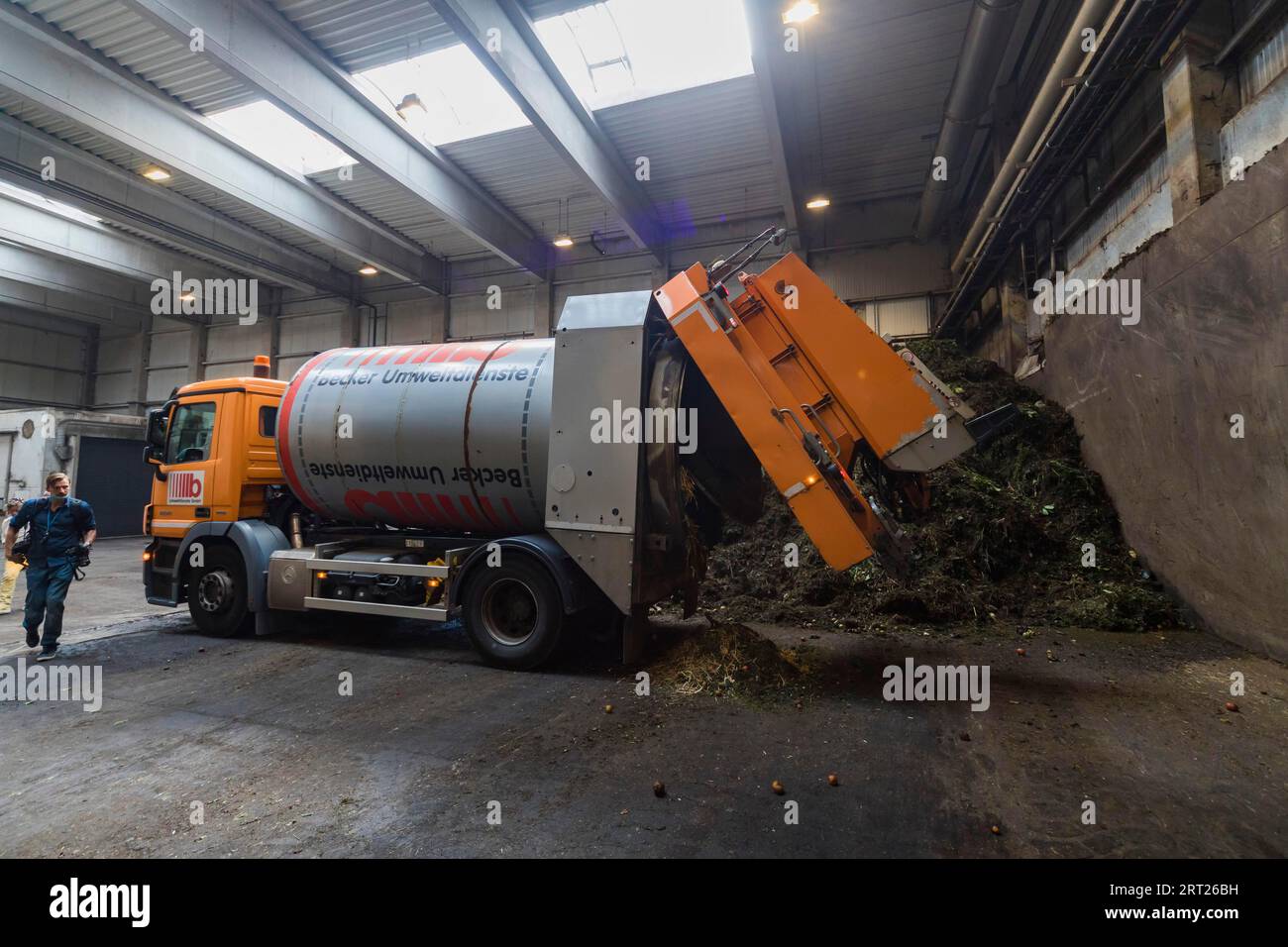 A disposal vehicle from the company Becker Umwelttechnik, delivers the contents of organic waste