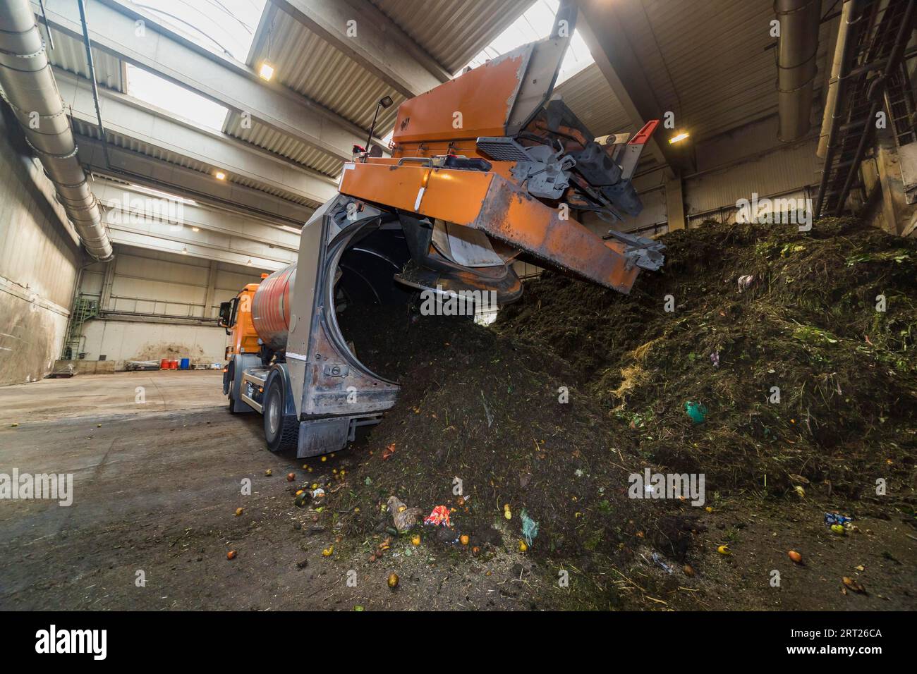 A disposal vehicle from the company Becker Umwelttechnik, delivers the contents of organic waste
