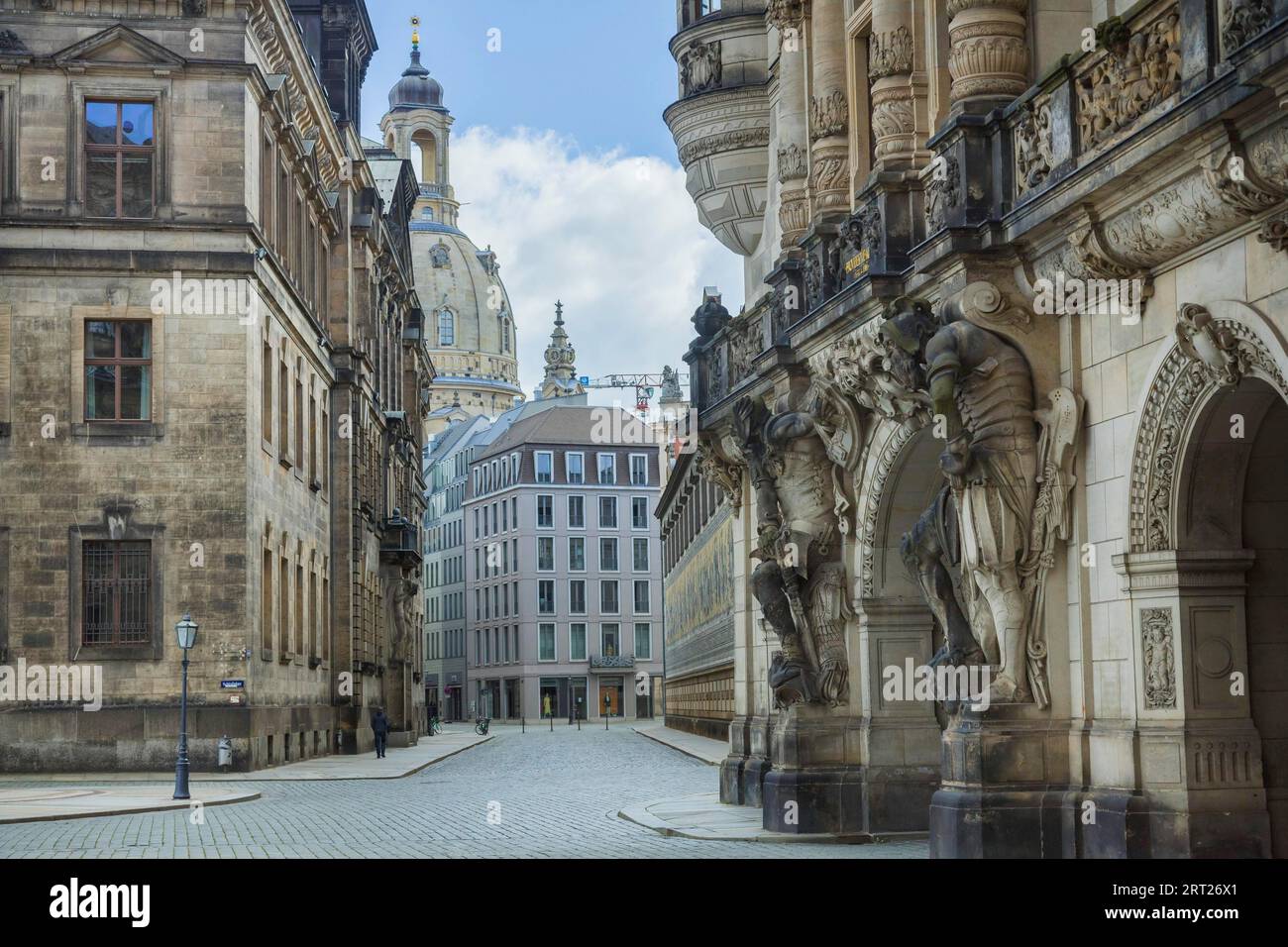Dresden Corona time, the otherwise lively city centre of Dresden lies deserted in the Corona pandemic. Schlossplatz with Georgentor Stock Photo