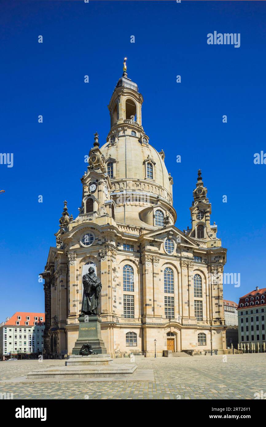 Dresden Corona time, the otherwise lively city centre of Dresden is deserted in the Corona pandemic. Here on Neumarkt with the Church of Our Lady Stock Photo