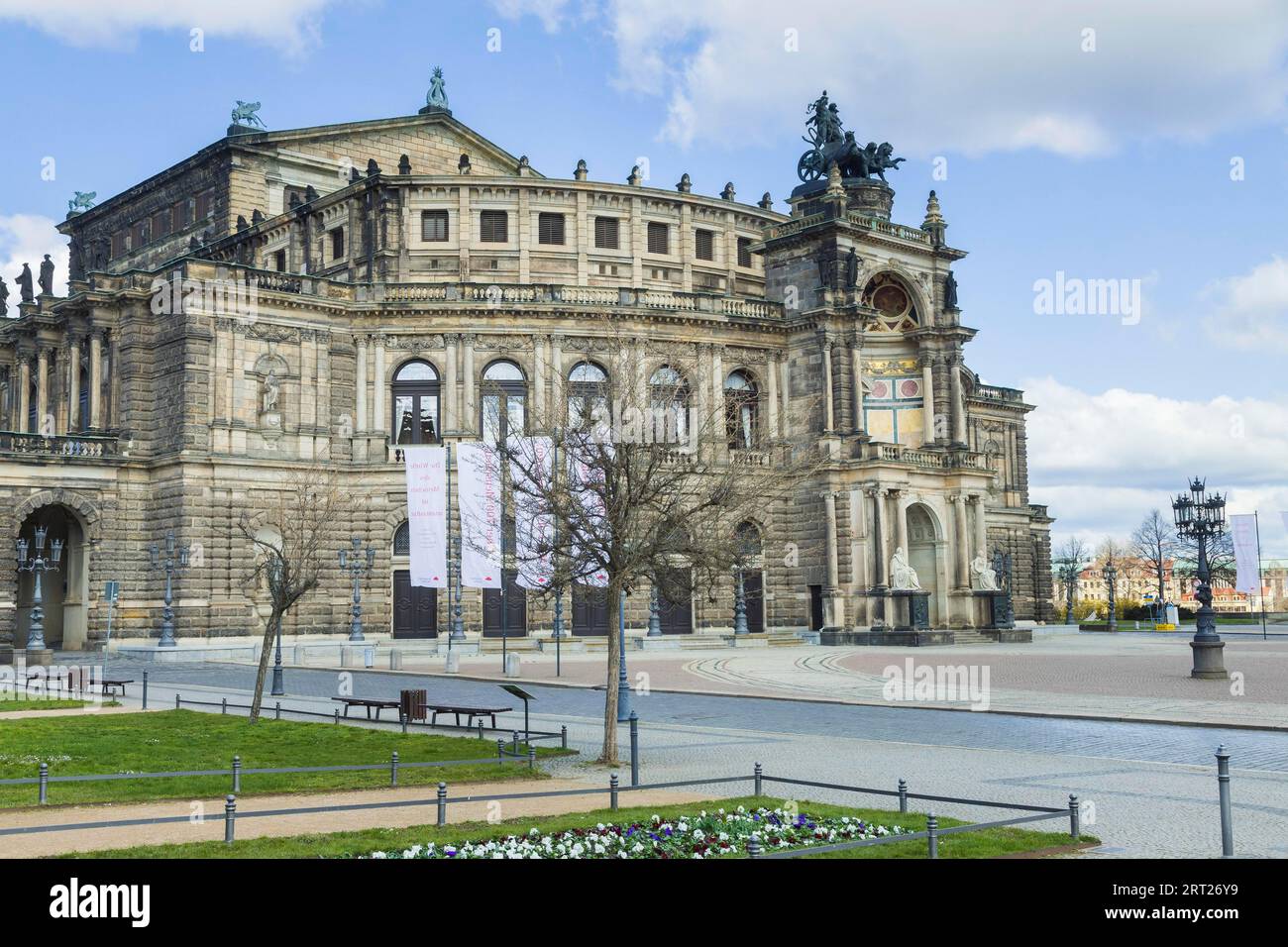 Theatre Square with the Semper Opera House. Dresden at Corona time, the otherwise lively city centre of Dresden lies deserted in the Corona pandemic Stock Photo